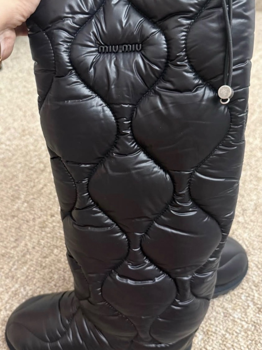 Miu Miu Black Quilted Nylon Knee Boots with Drawstring Detail